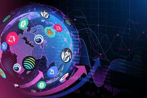 a globe overlaid with various decentralized exchange (DEX) logos, surrounded by rising arrows and financial data charts, symbolizing the global growth and impact of decentralized finance (DeFi).