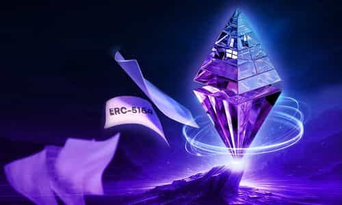 Glowing Ethereum crystal with floating ERC-5164 text in a futuristic neon scene.