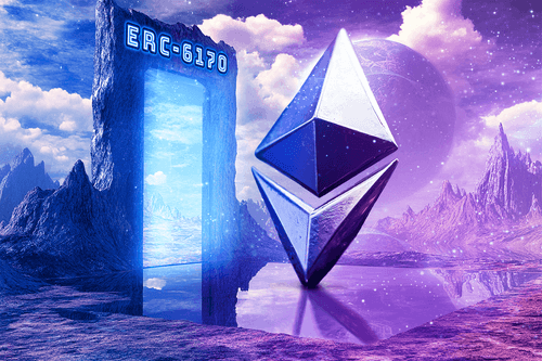 Futuristic portal labeled “ERC-6170” beside a floating Ethereum symbol in a surreal, cosmic landscape.