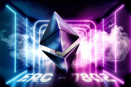 A futuristic metallic Ethereum logo floating in a neon-lit corridor, with blue and pink glowing light frames on each side, swirling smoke, and the text ‘ERC-7802’ projected on the floor beneath it.