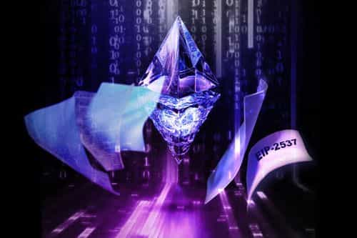 A stylized Ethereum crystal symbol surrounded by floating digital scripts and a ribbon labeled EIP-2537, with binary code in the background.