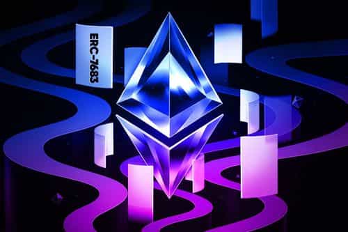 Glowing crystal Ethereum logo with floating panels and neon blue-purple light as Ethereum iomprovement proposals like ERC-7683.