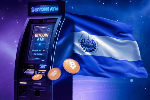 A glowing Bitcoin ATM with floating digital coins stands in front of the national flag of El Salvador, symbolizing the country’s adoption of Bitcoin.