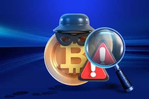 A digital illustration showing a Bitcoin coin with a disguise (hat and mask), a warning sign, and a magnifying glass labeled “Blockchain,” symbolizing the use of blockchain analytics to detect financial crimes.