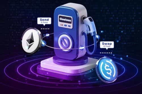 Futuristic gasless crypto swap machine with Ethereum and token icons, highlighting zero-fee blockchain transactions and seamless Web3 swaps.