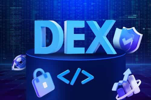 3D representation of the term "DEX" (Decentralized Exchange) with security, code, and financial growth symbols, highlighting the tech behind decentralized crypto trading.