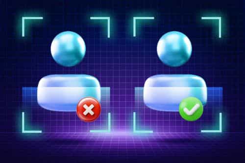 A neon-style illustration of two figures undergoing identity verification (KYC), with one approved and the other rejected, symbolizing the KYC authentication process.