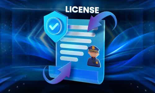 A digital license with a check mark, secured by a police officer, symbolizing approval and certification.