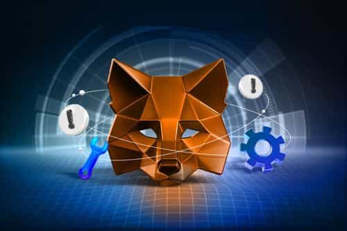 Illustration of a 3D polygonal fox head, representing MetaMask, surrounded by icons like an exclamation mark, wrench, and gear, symbolizing troubleshooting and technical solutions.