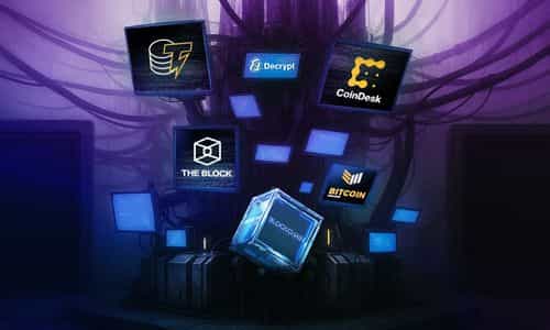A digital art depiction of a futuristic server hub with screens and wires, displaying logos of major crypto news outlets including Cointelegraph, Decrypt, CoinDesk, The Block, Bitcoin Magazine, and so on.