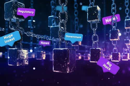 Blockchain network with labeled chains showing terms like "Regulatory," "Government," "Big Hack," "Huge Invest," and "News," symbolizing the impact of major events on the crypto ecosystem.