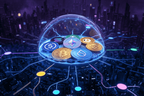A futuristic digital dome protects a collection of popular cryptocurrencies above a neon-lit city, symbolizing secure omnichain connectivity.