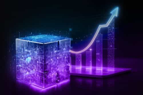 Glowing blockchain cube and rising digital chart representing DeFi growth.