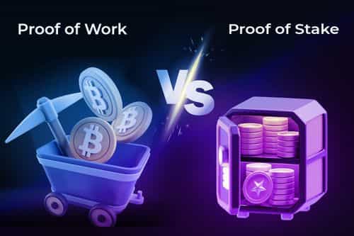 Neon blue/purple background comparing PoW (left: minecart with Bitcoin) and PoS (right: vault full of coins), illustrating their different blockchain consensus mechanisms.