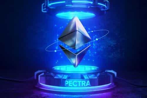  A futuristic representation of the Ethereum logo, featuring a floating 3D diamond-shaped symbol with glowing blue accents, surrounded by a digital network in a high-tech environment, with the word "PECTRA" illuminated beneath it.