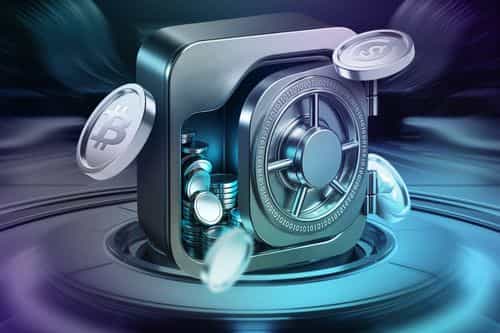 A futuristic digital vault filled with coins featuring cryptocurrency symbols like Bitcoin, Ethereum, and stablecoins, representing secure storage of digital assets.
