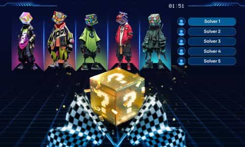 **Alt text:** Digital solver network dashboard featuring five cube-headed solver avatars, a glowing central reward cube, solver slots, and a countdown timer on a futuristic grid background.