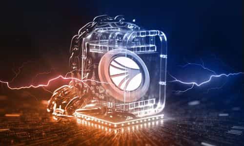 A transparent, futuristic blockchain cube secured with heavy metallic chains, glowing with blue and orange electric sparks on a high-tech circuit board background, symbolizing robust security and advanced technology.