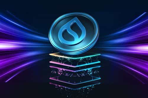 Glowing digital Sui coin hovering above stacked, futuristic data layers with vibrant neon light trails.