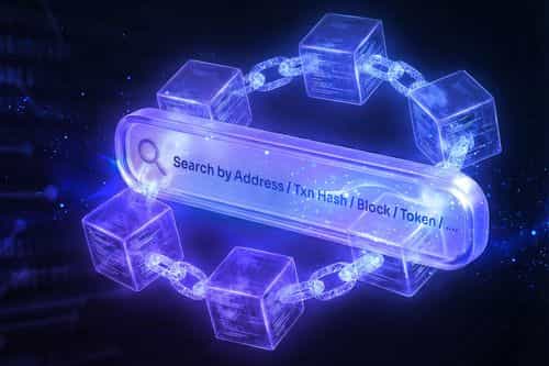 Glowing blockchain search bar reading “Search by Address / Txn Hash / Block / Token / …” surrounded by a chain of luminous digital blocks on a dark blue background.