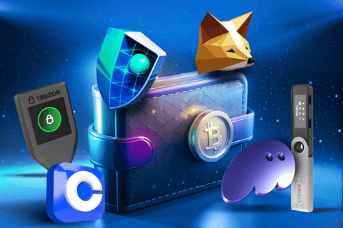 Digital illustration of a glowing crypto wallet surrounded by popular DeFi wallet logos and hardware devices, including MetaMask, Coinbase Wallet, Trezor, and Ledger, against a blue futuristic background.