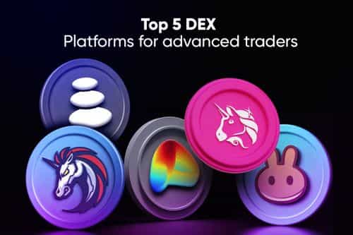 Logos of the top 5 decentralized exchanges (Balancer, 1inch, Curve, Uniswap, PancakeSwap) displayed on colorful coin icons, representing leading platforms for advanced crypto traders.