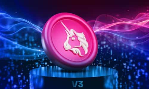 3D illustration of the Uniswap logo coin in pink and white colors placed on a glowing blue podium with digital waves and binary code in the background, symbolizing Uniswap V3 and decentralized finance innovation.