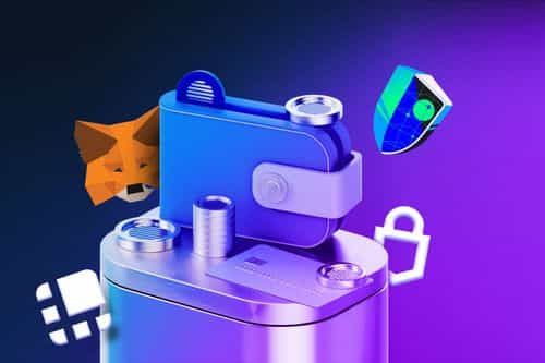 Illustration of a crypto wallet with a lock emoji, MetaMask, Trust wallet, Ledger and Trezor logos on a vibrant blue and purple neon background, representing blockchain security and digital asset management.