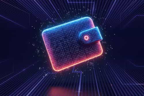 A futuristic crypto wallet floating in a digital grid.