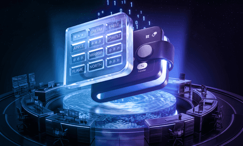 A 12-word crypto seed phrase panel with some words masked, floating beside a digital wallet above a glowing transfer portal.