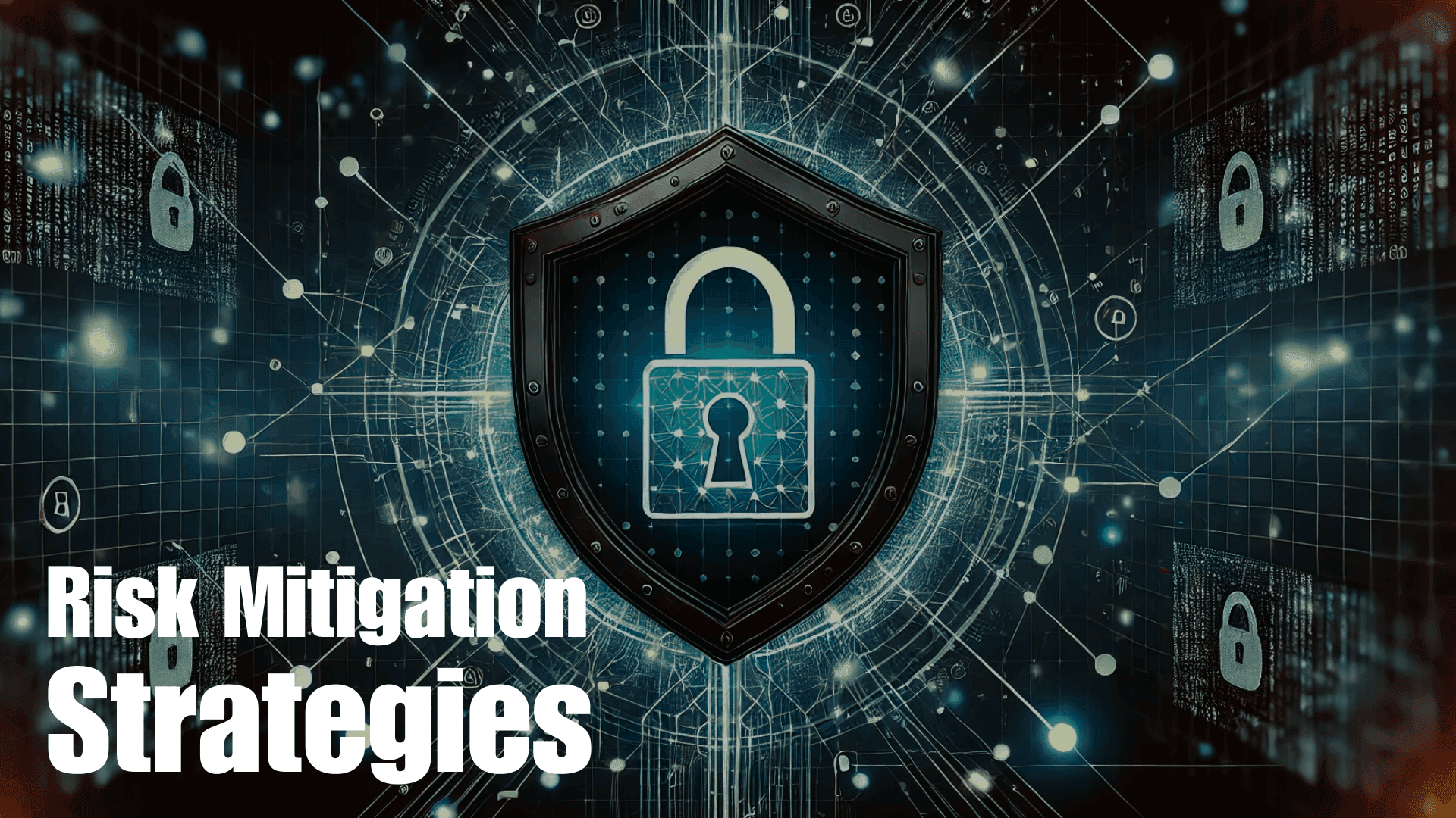 A futuristic design with digital elements, featuring the title "Risk Mitigation Strategies."