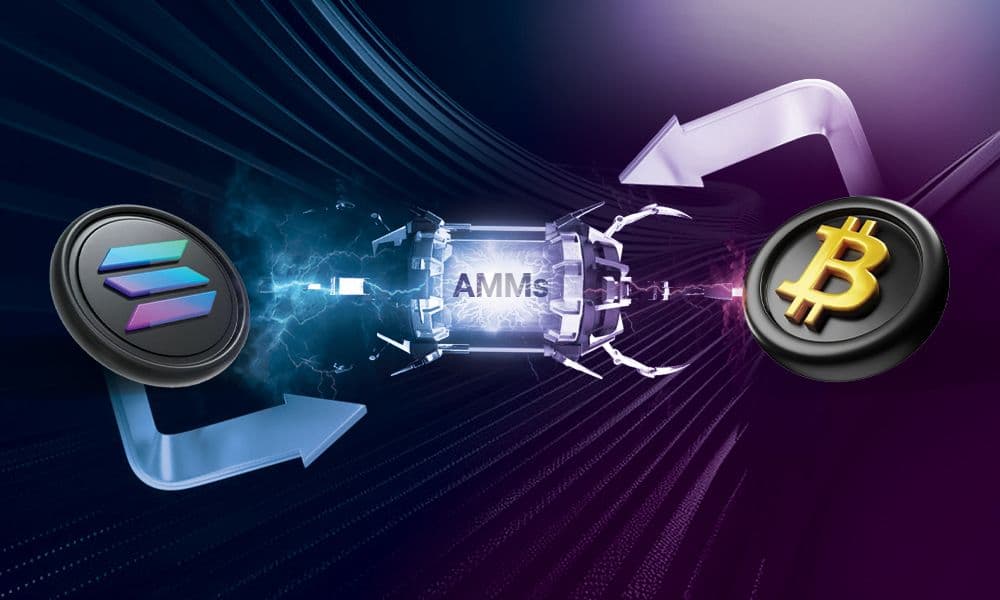 A futuristic digital illustration showing the exchange of Solana (SOL) and Bitcoin (BTC) tokens via an automated system labeled "AMMs" (Automated Market Makers).
