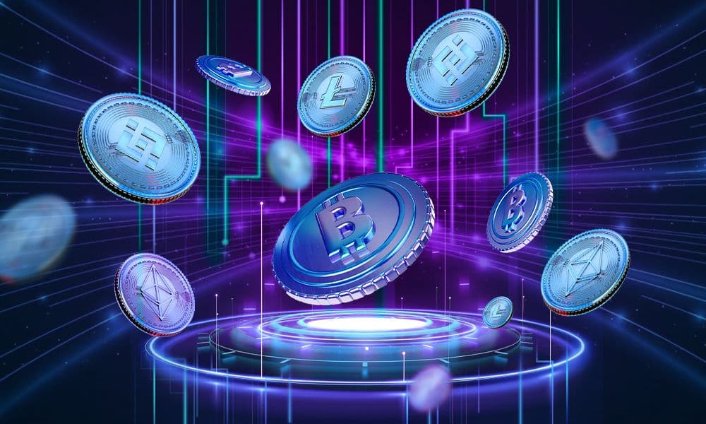 Digital illustration of various cryptocurrency coins including Bitcoin, Ethereum, Binance Coin, and Litecoin, floating above a futuristic platform with neon lights and blockchain graphics like automated market makers.