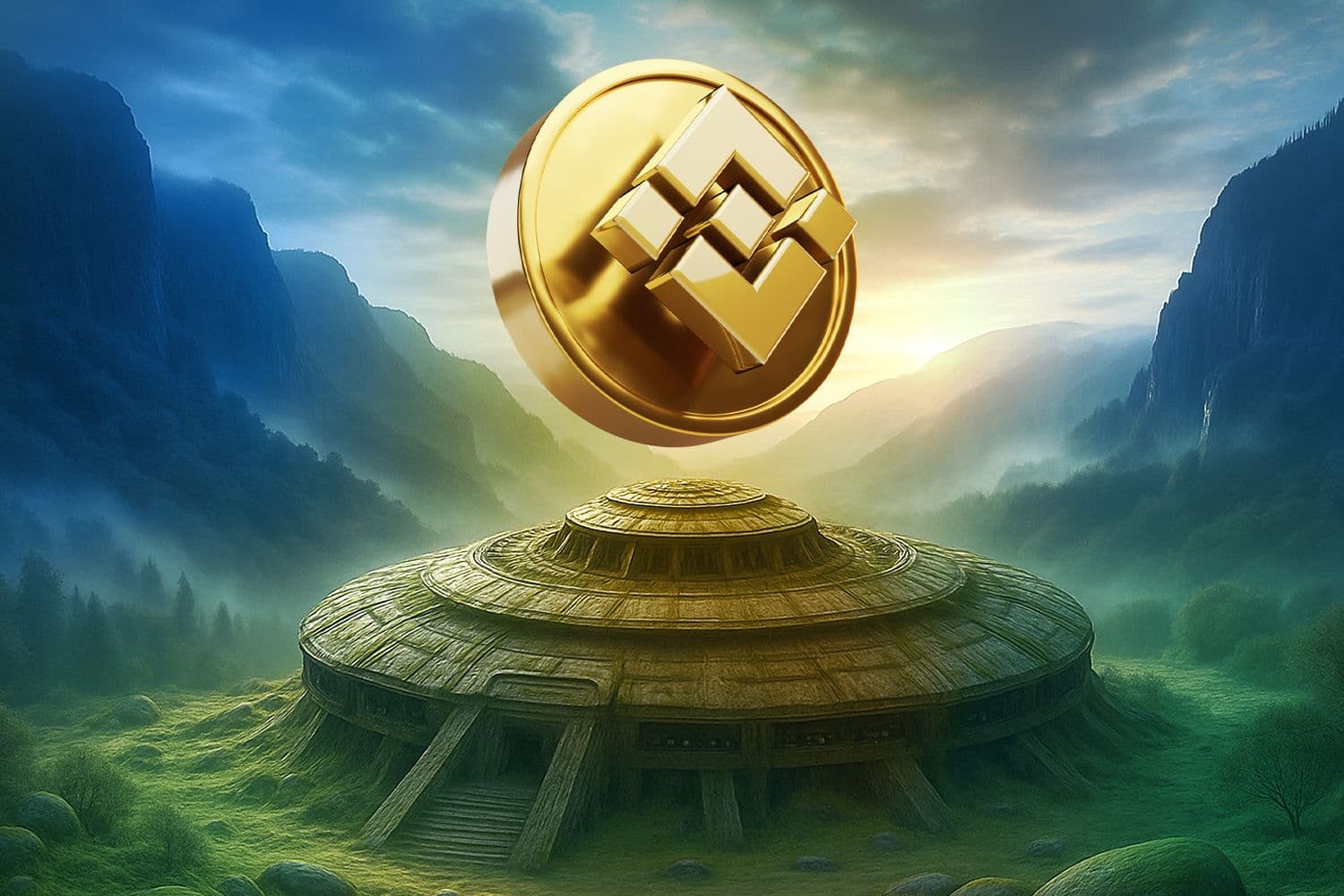 Golden Binance coin hovering above a futuristic temple in a mystical mountain landscape.