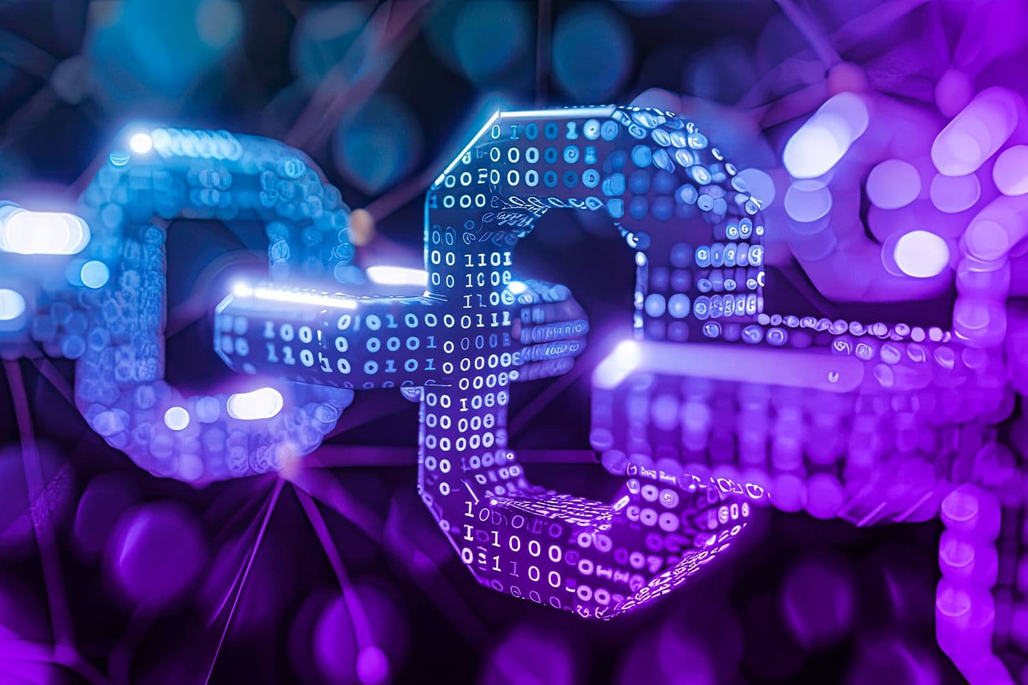 Digital representation of blockchain technology with glowing binary code and interconnected links in purple and blue hues.
