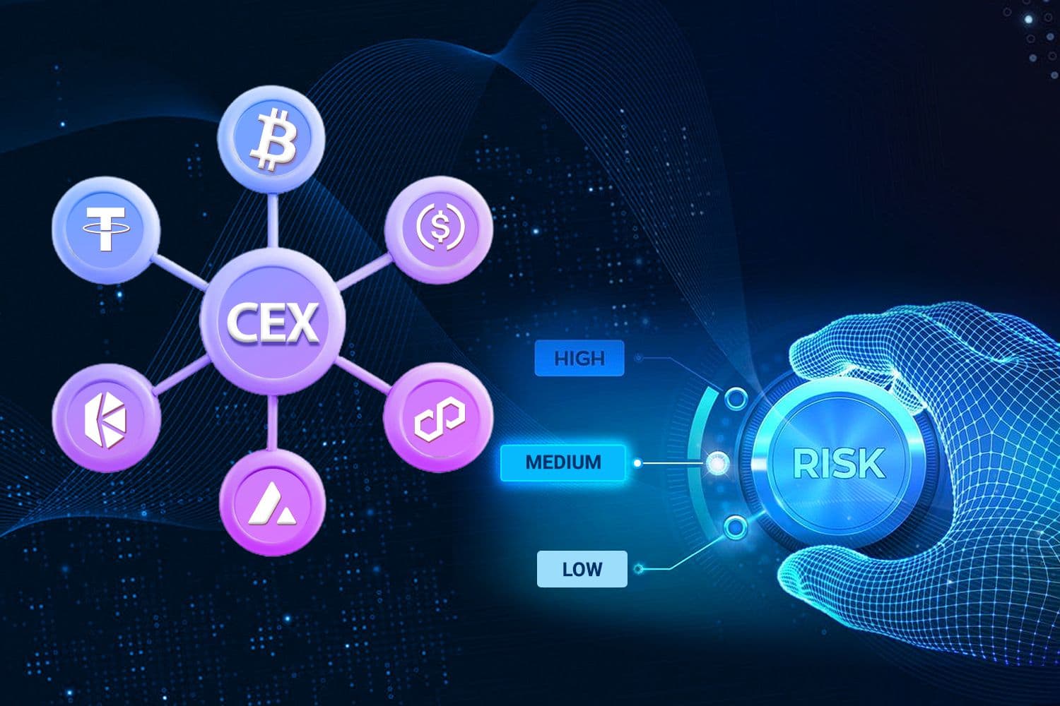 A graphic showing the connection between CEX and various cryptocurrencies, with a risk level control panel showing options for High, Medium, and Low risk.