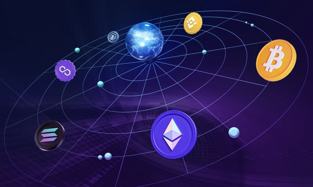 Ethereum, Bitcoin, Solana, Arbitrum, Polygon, and Binance Coin logos arranged in a cross-chain network diagram with connecting nodes and pathways.