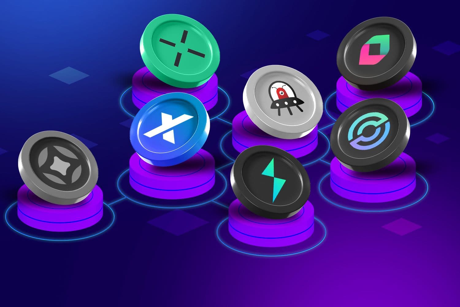 3D render of crypto tokens with unique logos floating above glowing purple platforms on a digital grid, symbolizing cross-chain interoperability powered by protocols like Across, Chainflip, Orbiter, Thorchain, XY Finance, and Stargate.