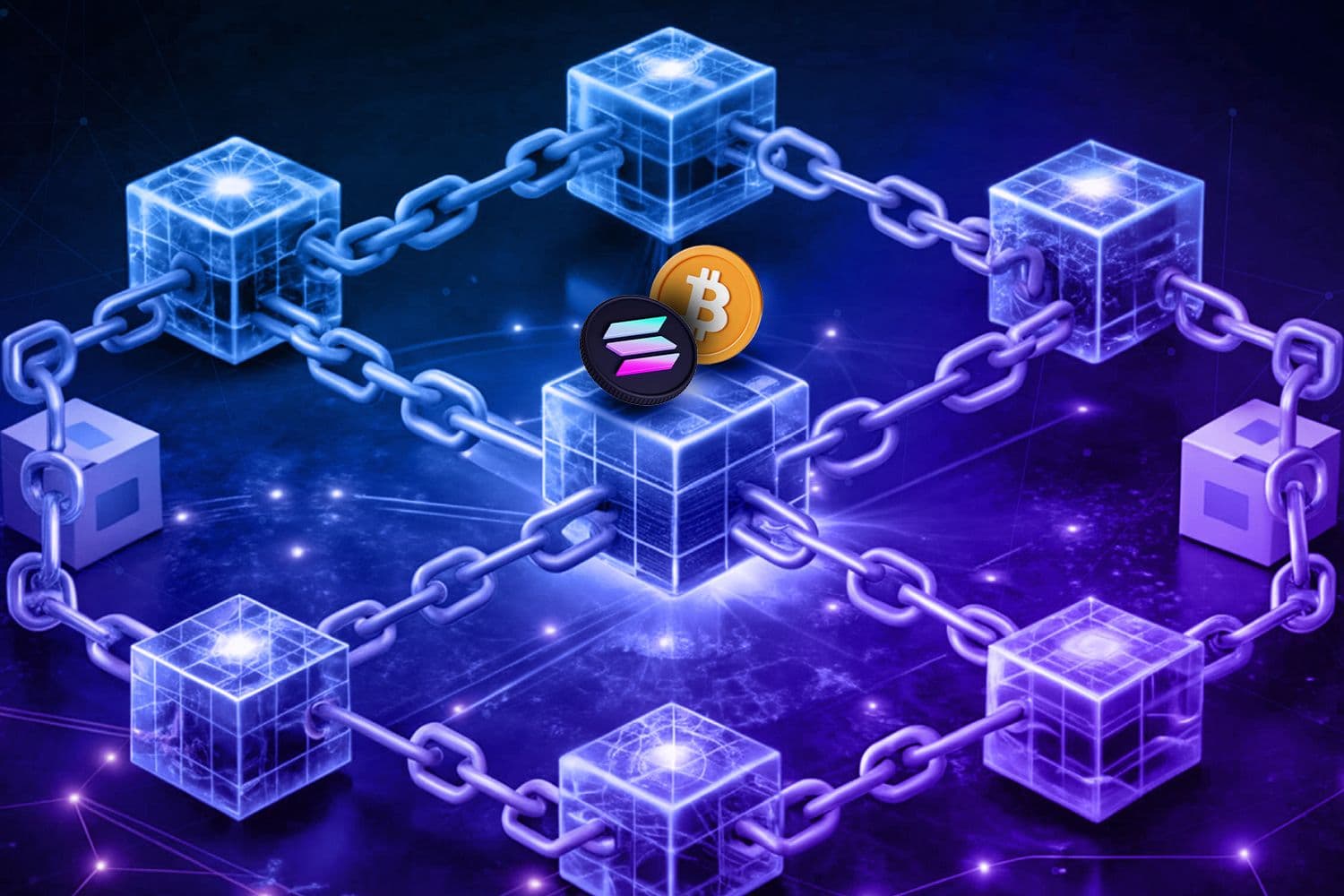 A digital illustration of interconnected decentralized cubes linked by chains, featuring Solana and Bitcoin logos at the center as a pair to exchange.