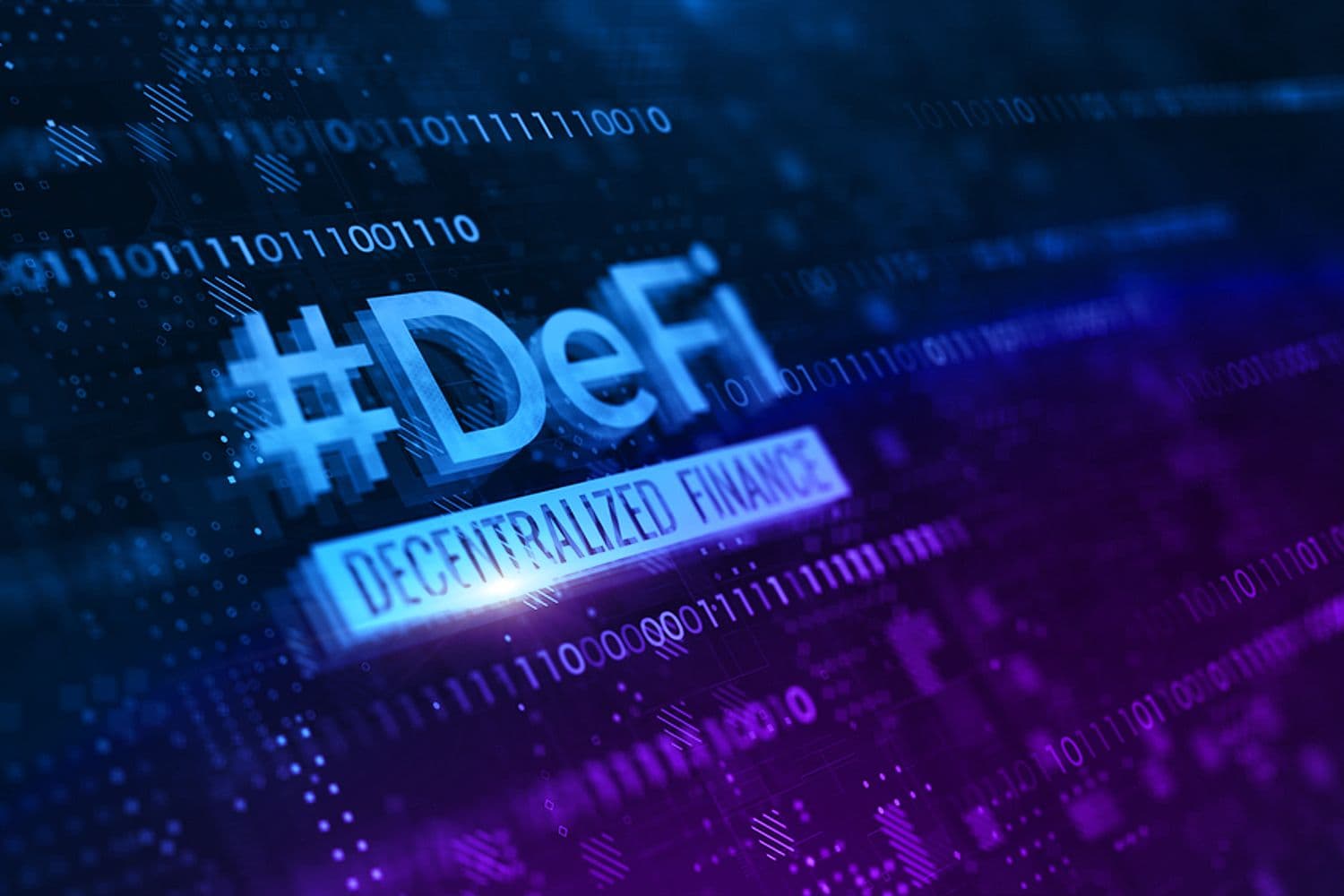 Digital concept image showing "#DeFi" and "Decentralized Finance" with binary code, symbolizing the rise of blockchain-based financial systems.