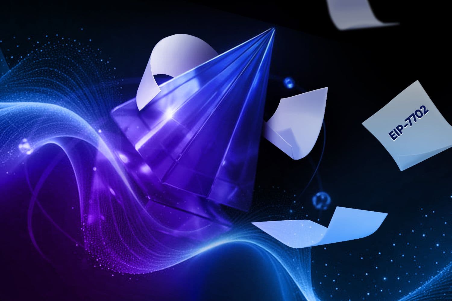 A futuristic digital illustration featuring the Ethereum logo surrounded by swirling light waves, flying papers, and one prominently labeled "EIP-7702".