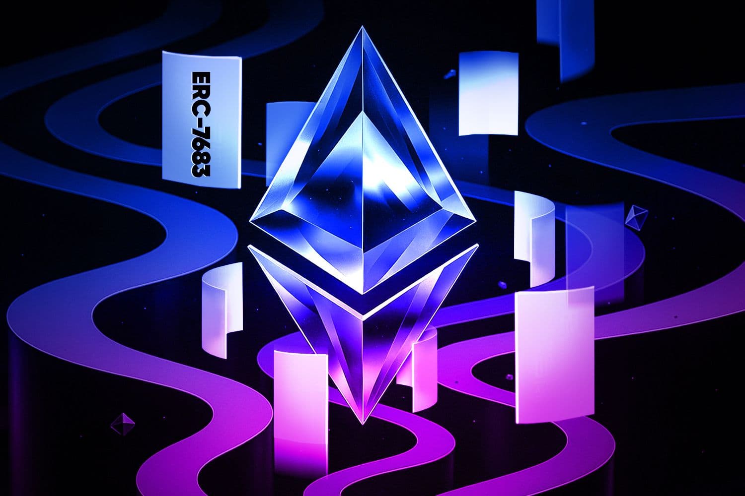 Glowing crystal Ethereum logo with floating panels and neon blue-purple light as Ethereum iomprovement proposals like ERC-7683.