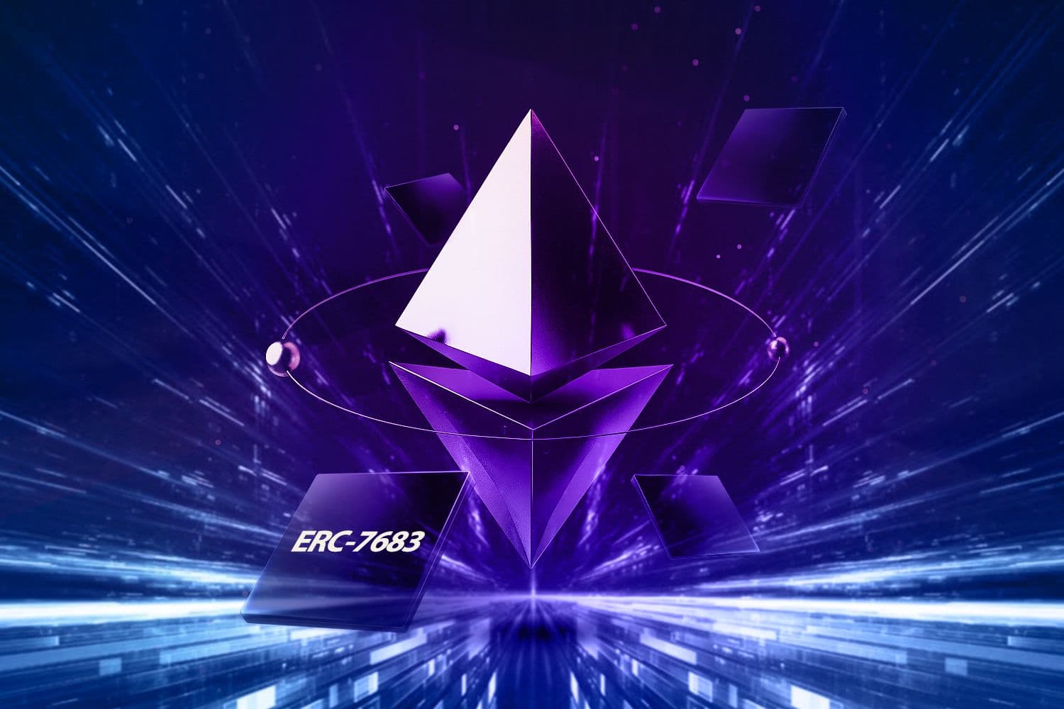 Futuristic digital artwork of the Ethereum logo with orbiting elements and a glowing "ERC-7683" label.