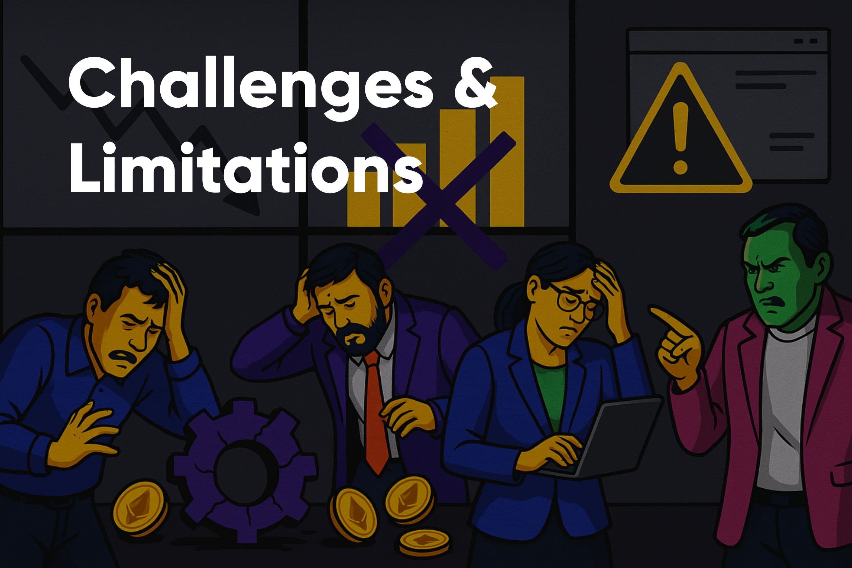 An illustration of stressed businesspeople represents the challenges and limitations faced by Automated Market Makers (AMMs), such as financial losses, inefficiencies, and technical issues.