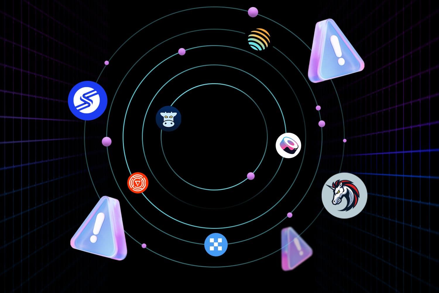 A visual representation featuring logos of 1inch, Rango, Jupiter, OKX, COWswap, ODOS, and Sushi, surrounded by warning symbols, highlighting common mistakes in using DEX aggregators.