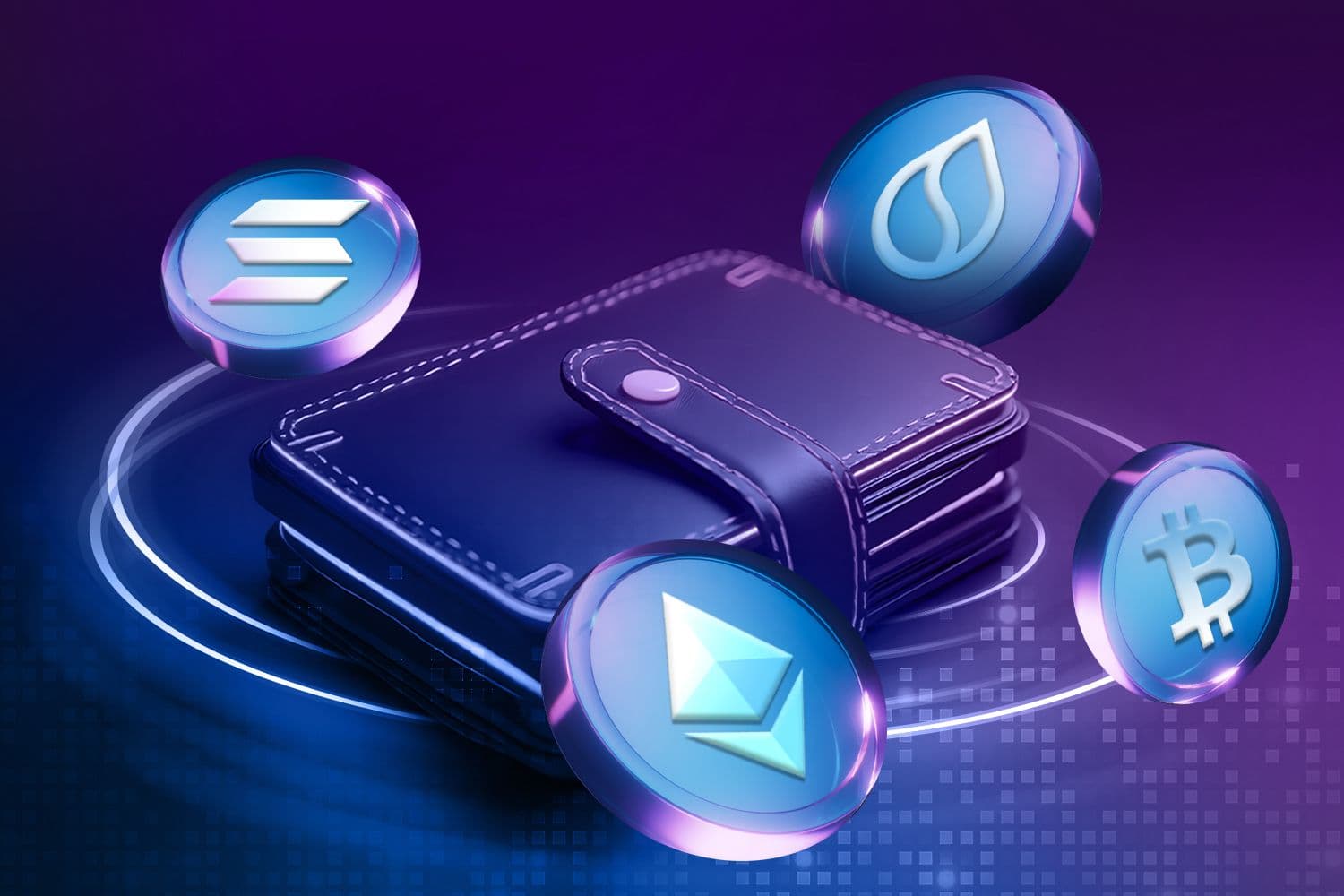 Digital illustration of a crypto wallet surrounded by floating coins featuring logos of Bitcoin, Ethereum, Solana, and other cryptocurrencies, symbolizing multi-chain wallet support.