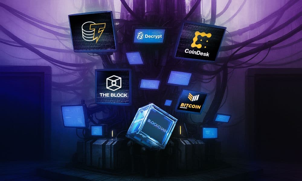 A digital art depiction of a futuristic server hub with screens and wires, displaying logos of major crypto news outlets including Cointelegraph, Decrypt, CoinDesk, The Block, Bitcoin Magazine, and so on.