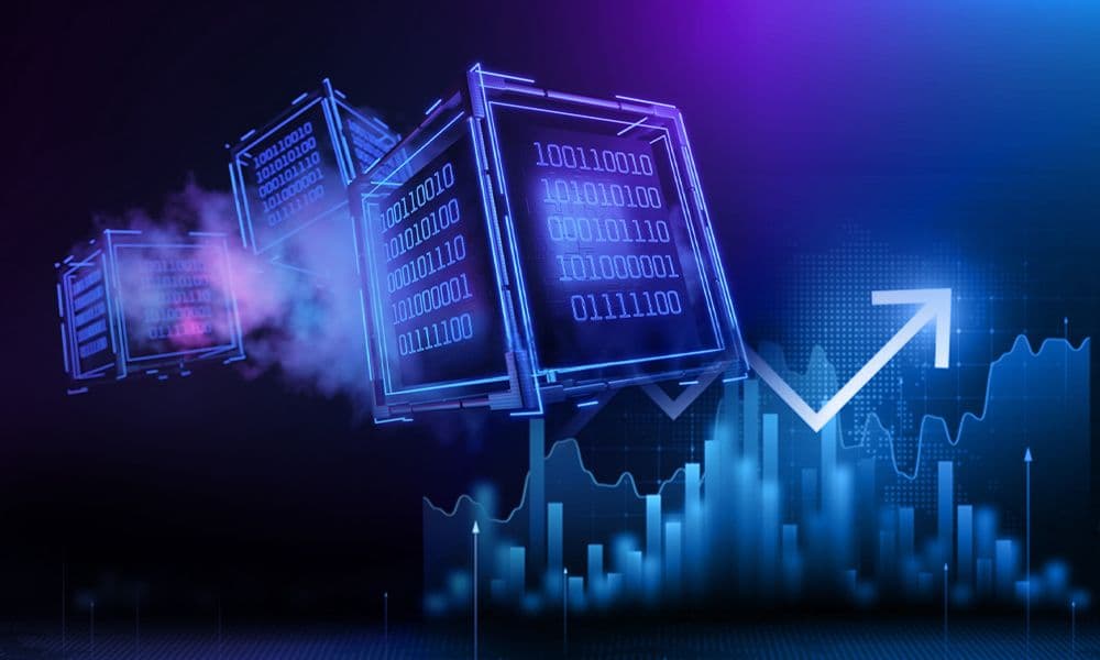 3D blockchain data blocks with binary code and rising graph in a digital finance background.