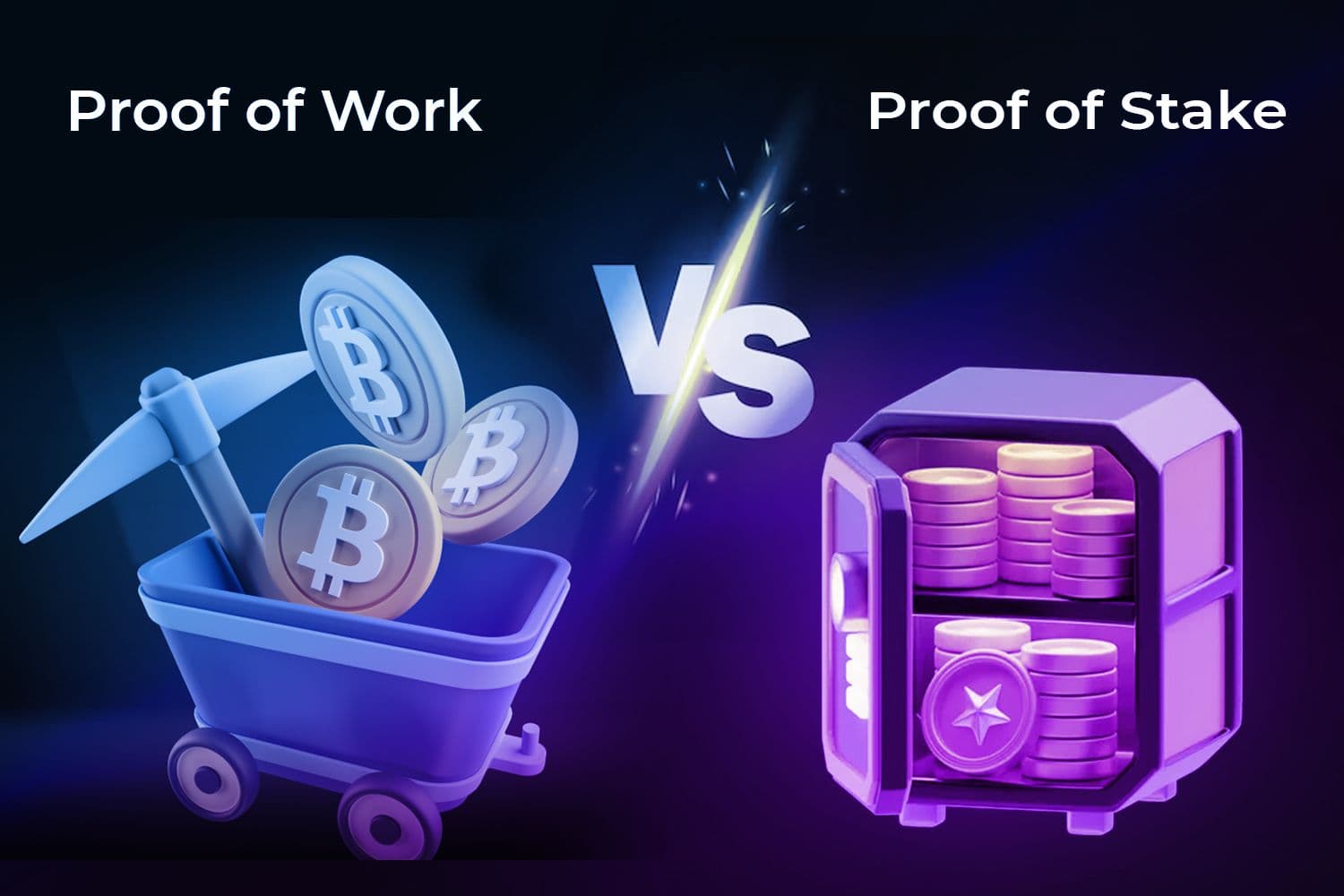 Neon blue/purple background comparing PoW (left: minecart with Bitcoin) and PoS (right: vault full of coins), illustrating their different blockchain consensus mechanisms.