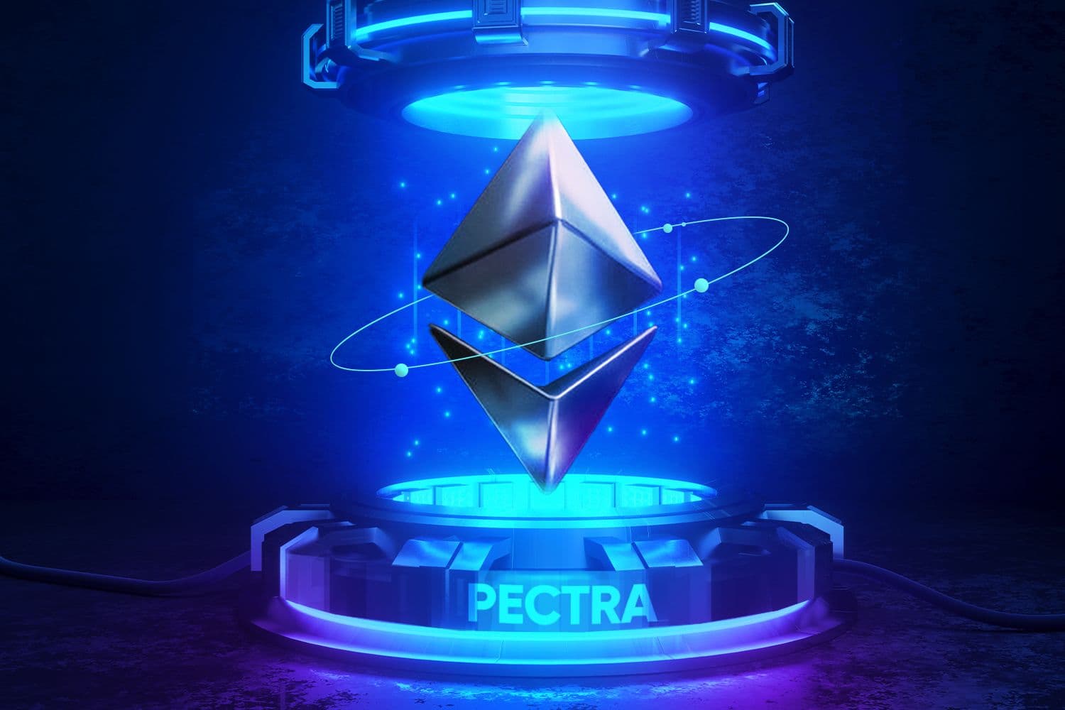  A futuristic representation of the Ethereum logo, featuring a floating 3D diamond-shaped symbol with glowing blue accents, surrounded by a digital network in a high-tech environment, with the word "PECTRA" illuminated beneath it.